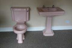 Vintage 1930/50s Art Deco Standard Toilet, Cistern, Sink, Pedestal and Stool - Baby Pink