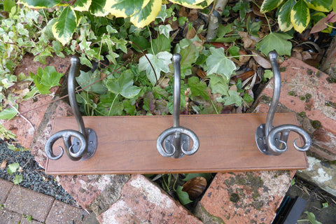 Vintage Hand Forged Wrought Iron and Wood Pigtail Hat / Coat Hooks