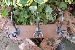 Vintage Hand Forged Wrought Iron and Wood Pigtail Hat / Coat Hooks
