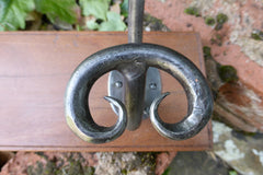 Vintage Hand Forged Wrought Iron and Wood Pigtail Hat / Coat Hooks