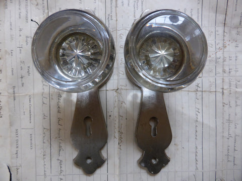 Pair Antique Art Deco Round Glass Door Knobs + Back Plates