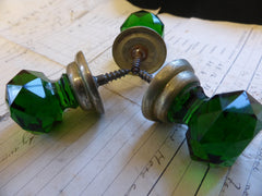 3 Antique Green Cut Glass & Brass Drawer Knobs
