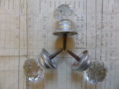3 Antique Clear Cut Glass & Nickel Drawer Knobs