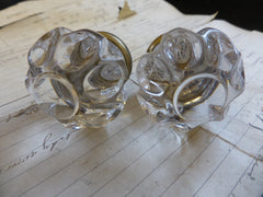 Pair Antique Clear Sandwich Glass & Brass Drawer Knobs -Dimple Flower