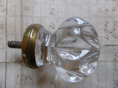 Pair Antique Clear Sandwich Glass & Brass Drawer Knobs -Dimple Flower