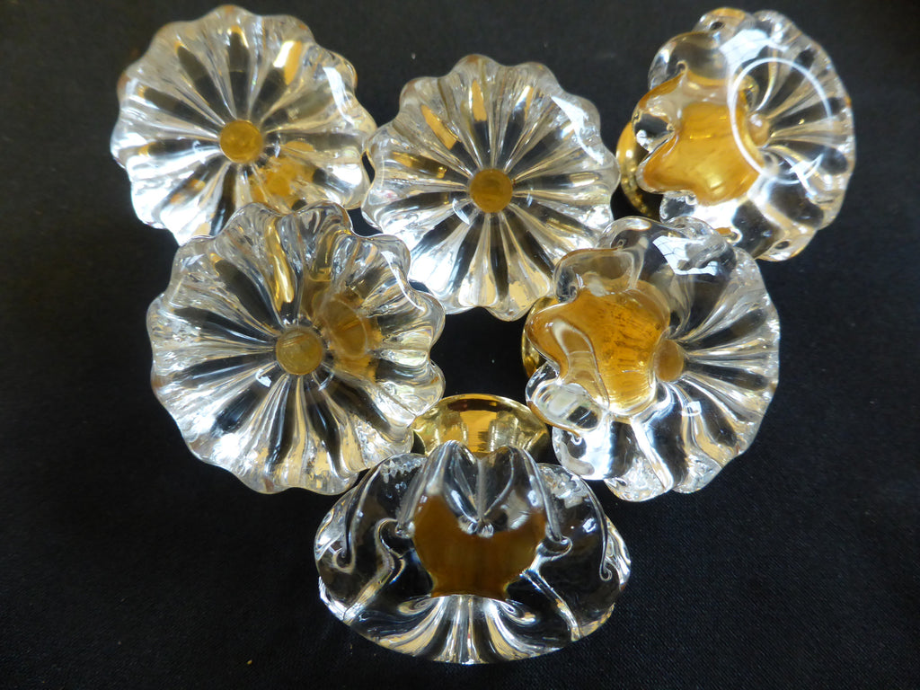 Six Vintage Flower Glass Drawer Knobs 1970s