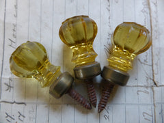 3 Tiny Antique Amber Cut Glass & Brass Drawer Knobs