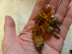 3 Tiny Antique Amber Cut Glass & Brass Drawer Knobs