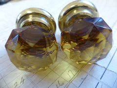 2 Antique Amber Cut Glass & Brass Drawer Knobs