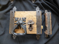 9" x 6 1/4" Gibbons Restored Wooden & Cast iron Church / Castle Rim Lock, Key, Keep & Straps