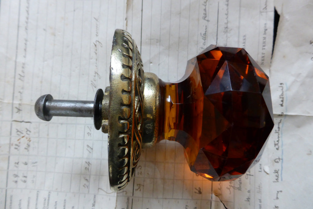 Large Antique Amber Glass & Brass Entrance Door Centre Knob Pull