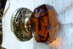 Large Antique Amber Glass & Brass Entrance Door Centre Knob Pull