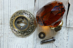Large Antique Amber Glass & Brass Entrance Door Centre Knob Pull