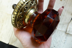 Large Antique Amber Glass & Brass Entrance Door Centre Knob Pull