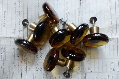 8 Vintage Lindshammar Style Round Amber Glass Drawer Knobs 1970s Eames