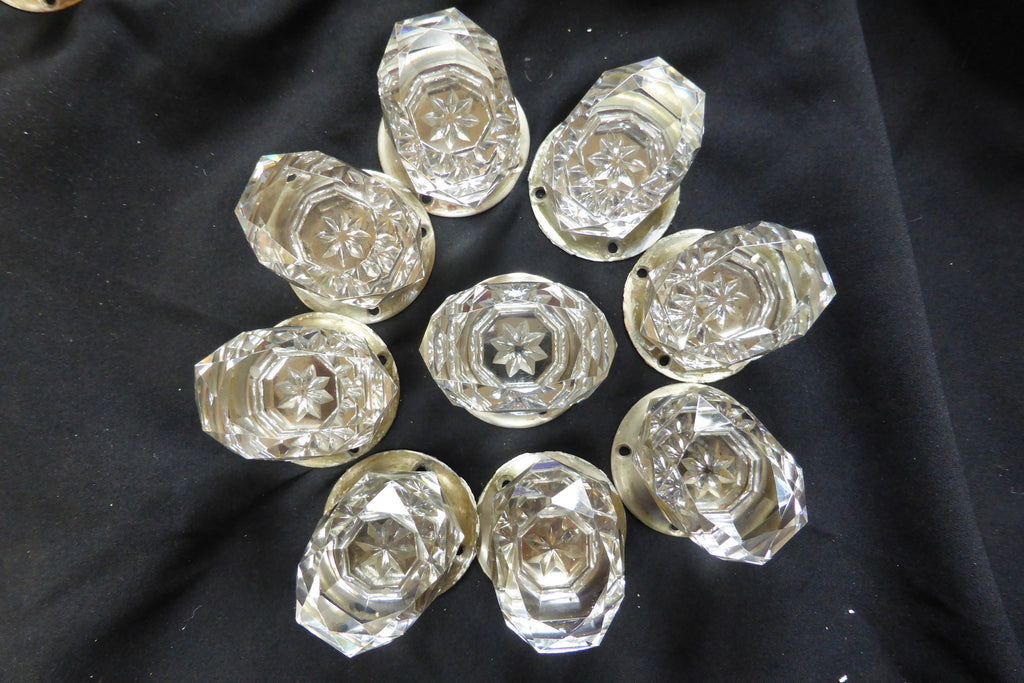 5 pairs Art Deco Diamond Cut Glass Oval Door Knobs + Nickel Backplates