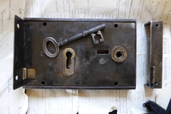 8" x 5" Victorian Cast Iron Door Rim Lock, Key & Keep