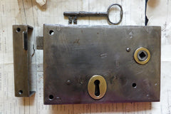 7" x 4 1/2" Iron & Brass Door Rim Lock, Key & Keep