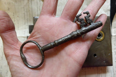 7" x 4 1/2" Iron & Brass Door Rim Lock, Key & Keep
