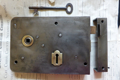 7" x 5" Cast Iron & Brass Door Rim Lock, Key & Keep - 2 Lever Birmingham