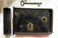 7" x 5" Cast Iron & Brass Door Rim Lock, Key & Keep - 2 Lever Birmingham