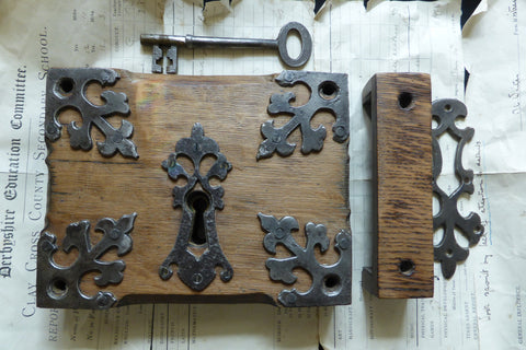 7" x 5 1/2" Ornate Reclaimed Wooden & Cast iron Church / Castle Rim Lock with Key, Keep & Escutcheon