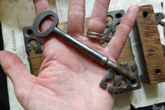 7" x 5 1/2" Ornate Reclaimed Wooden & Cast iron Church / Castle Rim Lock with Key, Keep & Escutcheon