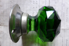 Vintage Green Cut Glass & Brass Door Knob - Nickle Backplate