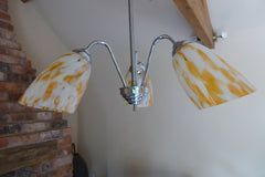 Art Deco 3 Arm Opal, Orange Glass & Chrome Ceiling Pendant