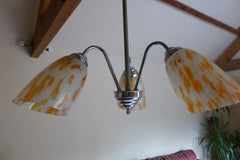 Art Deco 3 Arm Opal, Orange Glass & Chrome Ceiling Pendant