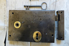 7" x 5" Cast Iron & Brass Door Rim Lock, Key & Keep - Intricate Key