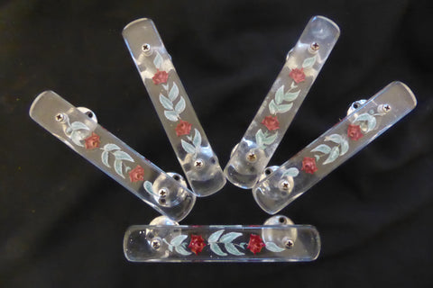 5 Art Deco Vintage Lucite & Chrome Drawer / Cupboard Pull Handles - Flower Etched