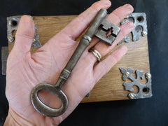 9 x 5 3/4" Gothic Reclaimed Wooden & Cast iron Church Carpenter Rim Lock with Key & Keep