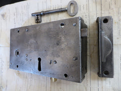 7 1/4" x 4" Iron & Brass Door Rim Lock, Key & Keep - Night latch