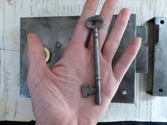 7 1/4" x 5" Victorian Cast Iron & Brass Door Rim Lock, Key & Fancy Keep - Carpenter