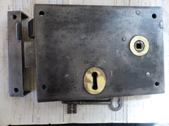 8" x 5 3/4" Victorian Cast Iron Door Rim Lock, Key & Keep