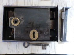 8" x 5 3/4" Victorian Cast Iron Door Rim Lock, Key & Keep