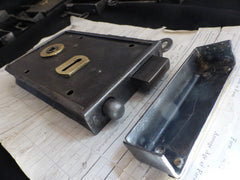 7" x 4.5" Victorian Cast Iron & Brass Door Rim Lock, Key & Fancy Keep - Brass Badge