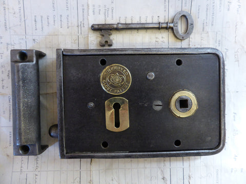 6 1/4" x 4" Victorian Cast Iron & Brass Door Rim Lock, Key Keep - Gibbons Wolverhampton Lozenge Date Mark 1882