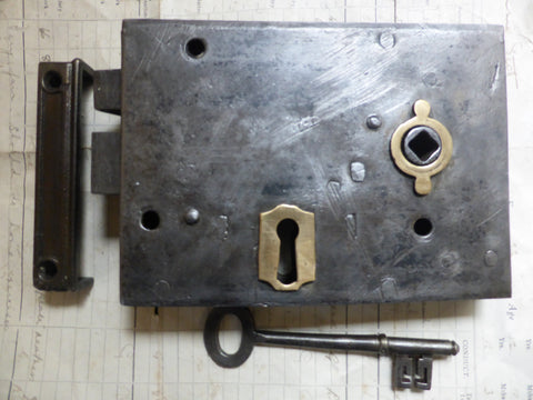 6"x 4 1/4" Iron & Brass Door Rim Lock, Key & Keep