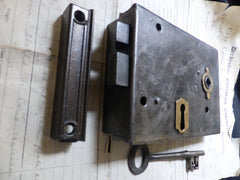 6"x 4 1/4" Iron & Brass Door Rim Lock, Key & Keep