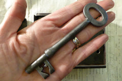 5" x 4 1/4" Iron & Brass Door Rim Lock, Key & Keep - Dead Lock