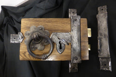 10" x 6 1/2" Restored Wooden & Cast iron Church / Castle Rim Lock, Key, Keep & Straps