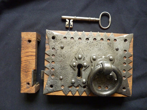 Gothic Reclaimed Wooden & Cast iron Church / Castle Rim Lock with Key and Keep