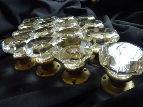 8 pairs Large Antique Glass Door Knobs + Back Plates 1800s