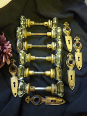 6 Pairs Glass & Brass Rim Lock Door Knobs & Backplates