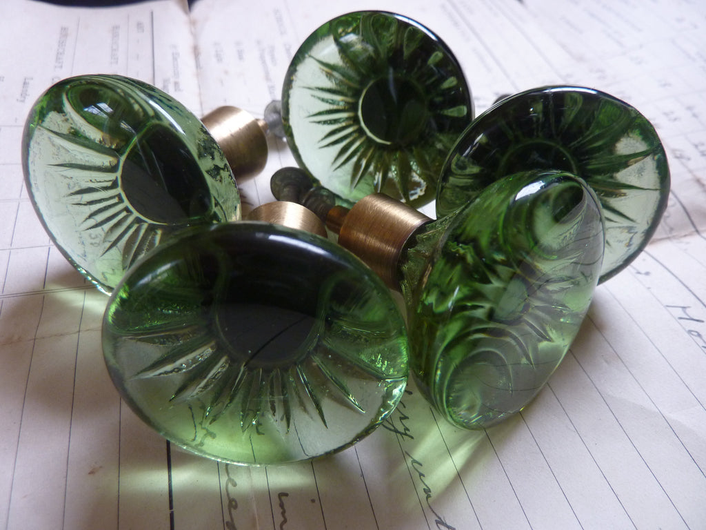 Six Vintage Lindshammar Green Glass Drawer Knobs 1970s