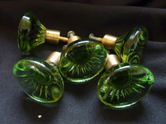 6 Vintage Lindshammar Green Glass Drawer Knobs 1970s