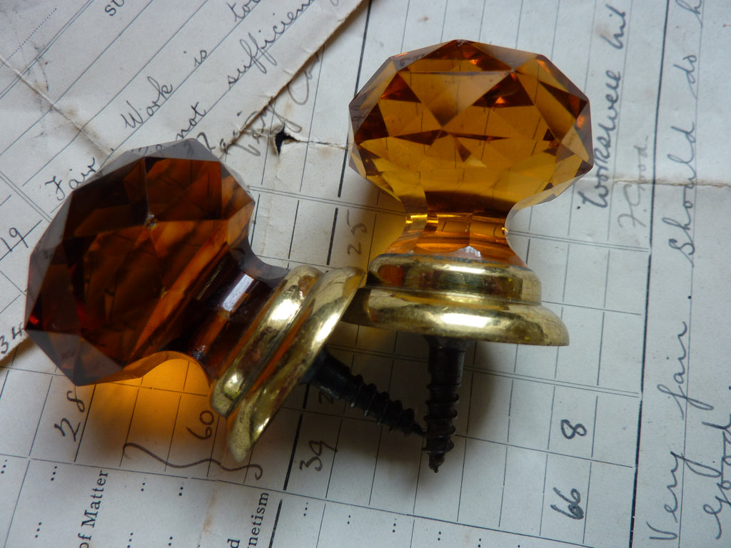 Pair of Vintage Amber Cut Glass & Brass Drawer Knobs