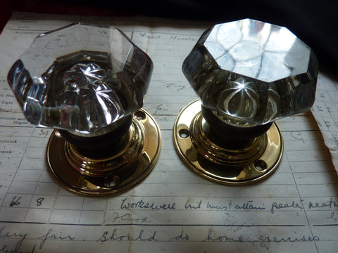 Pairs Antique Octagonal Glass Door Knobs Circa 1901